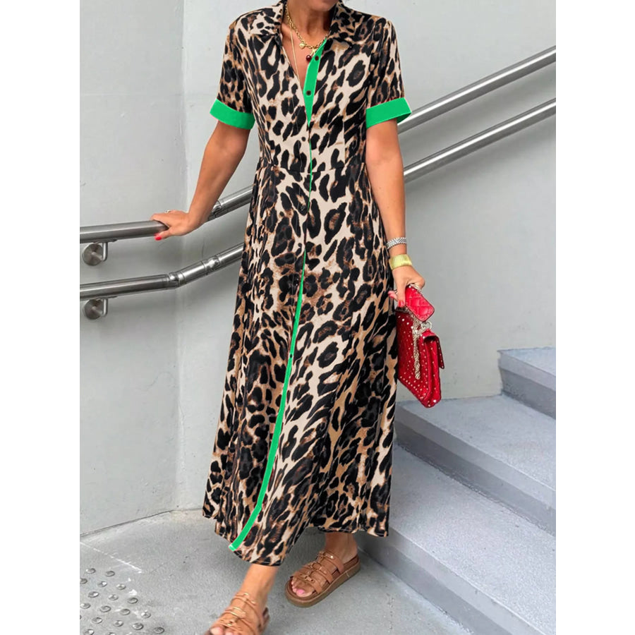 Leopard Print Button-Down Dress with Contrast Trim Dark Green / S Apparel and Accessories