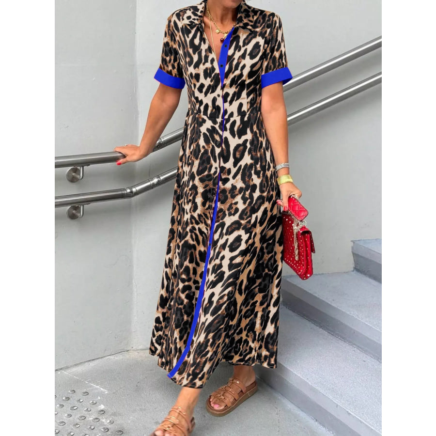Leopard Print Button-Down Dress with Contrast Trim Royal Blue / S Apparel and Accessories