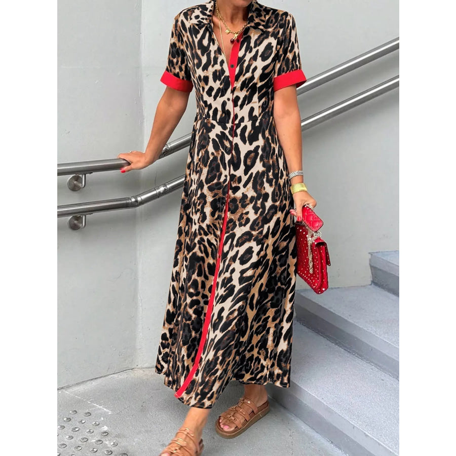 Leopard Print Button-Down Dress with Contrast Trim Scarlet / S Apparel and Accessories