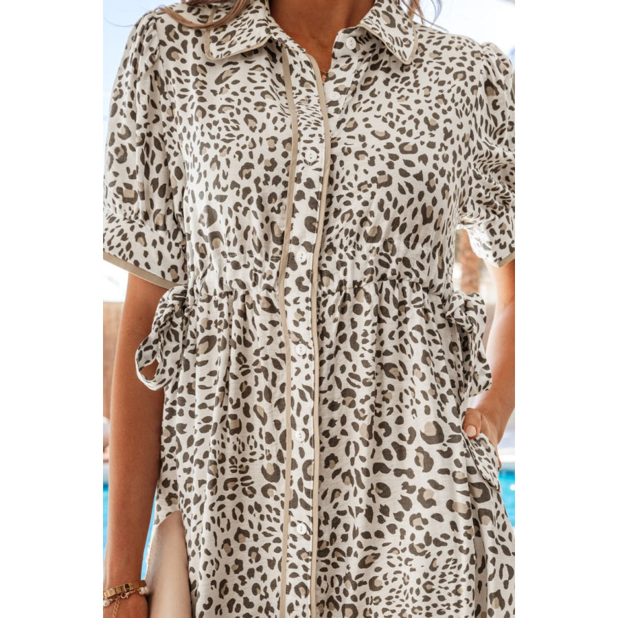 Leopard Print Button-Down Midi Dress Apparel and Accessories