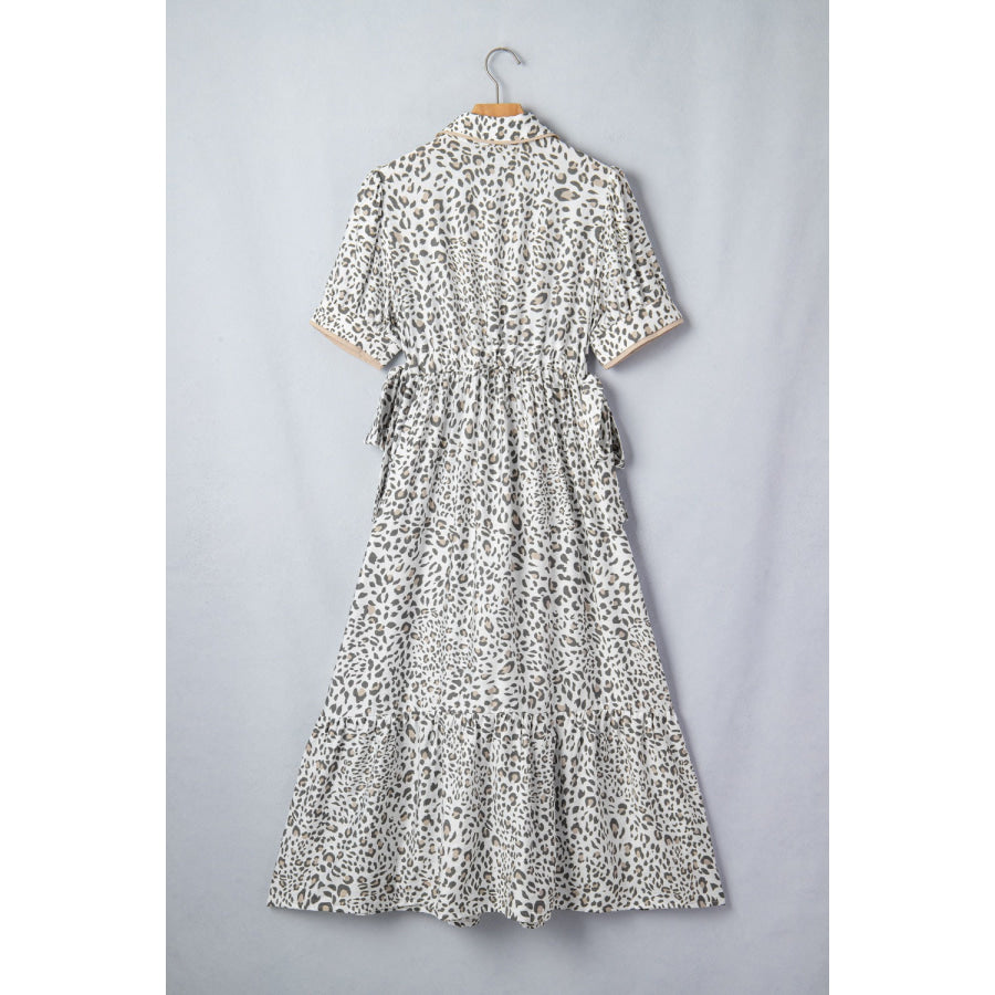 Leopard Print Button-Down Midi Dress Apparel and Accessories