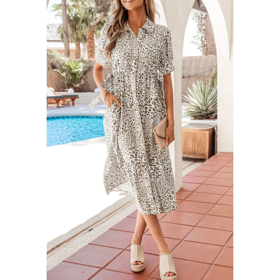 Leopard Print Button-Down Midi Dress Apparel and Accessories