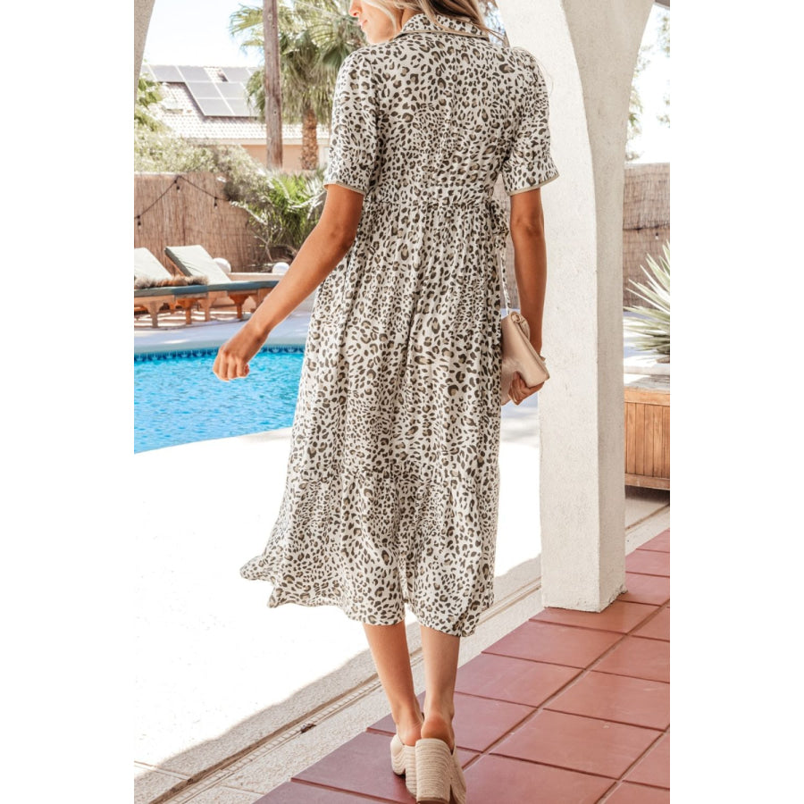 Leopard Print Button-Down Midi Dress Apparel and Accessories