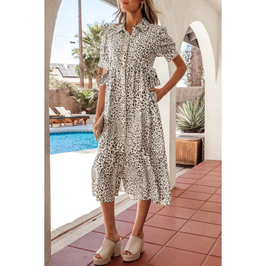 Leopard Print Button-Down Midi Dress Leopard / S Apparel and Accessories