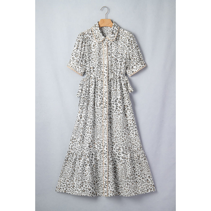 Leopard Print Button-Down Midi Dress Apparel and Accessories
