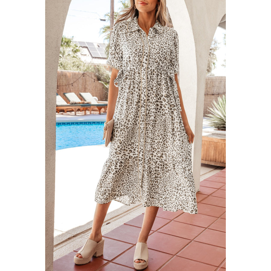 Leopard Print Button-Down Midi Dress Leopard / S Apparel and Accessories