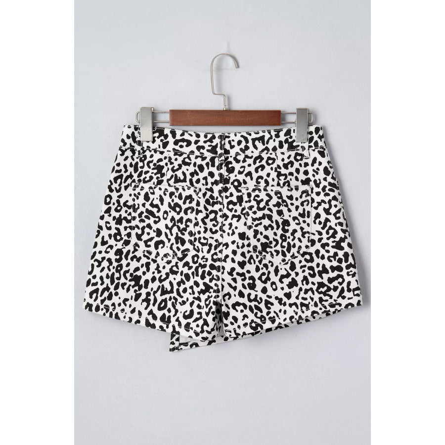 Leopard Print Button Overlap Denim Shorts Apparel and Accessories