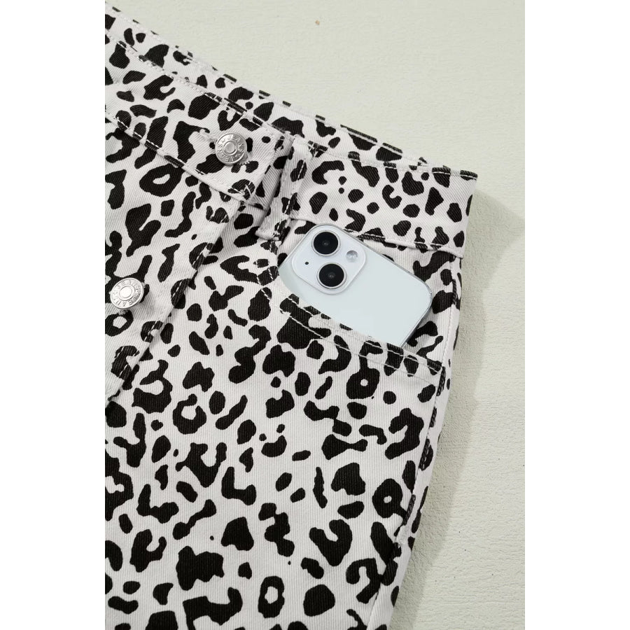Leopard Print Button Overlap Denim Shorts Apparel and Accessories