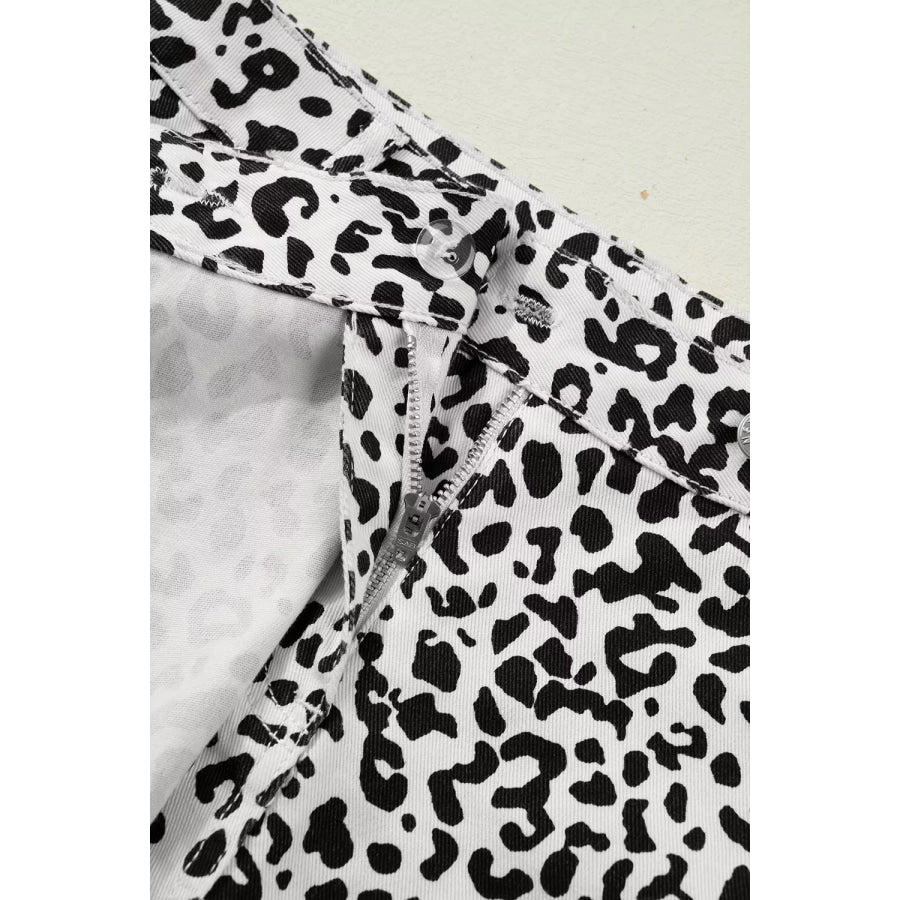 Leopard Print Button Overlap Denim Shorts Apparel and Accessories