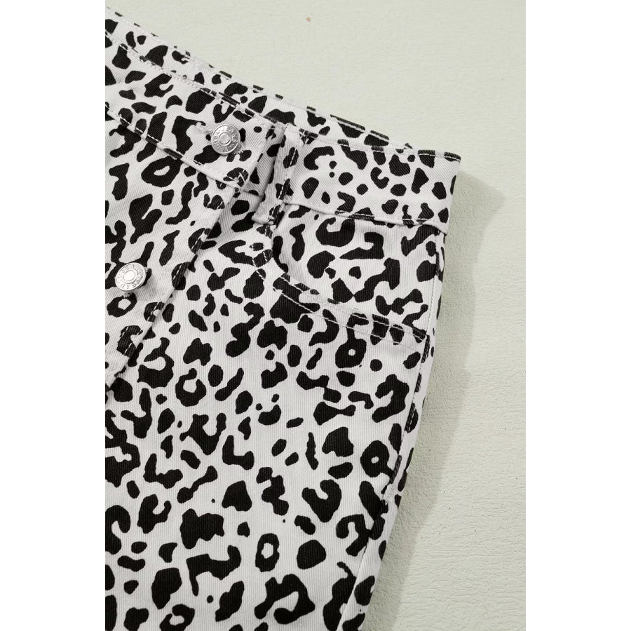Leopard Print Button Overlap Denim Shorts Apparel and Accessories
