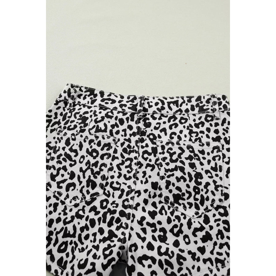 Leopard Print Button Overlap Denim Shorts Apparel and Accessories