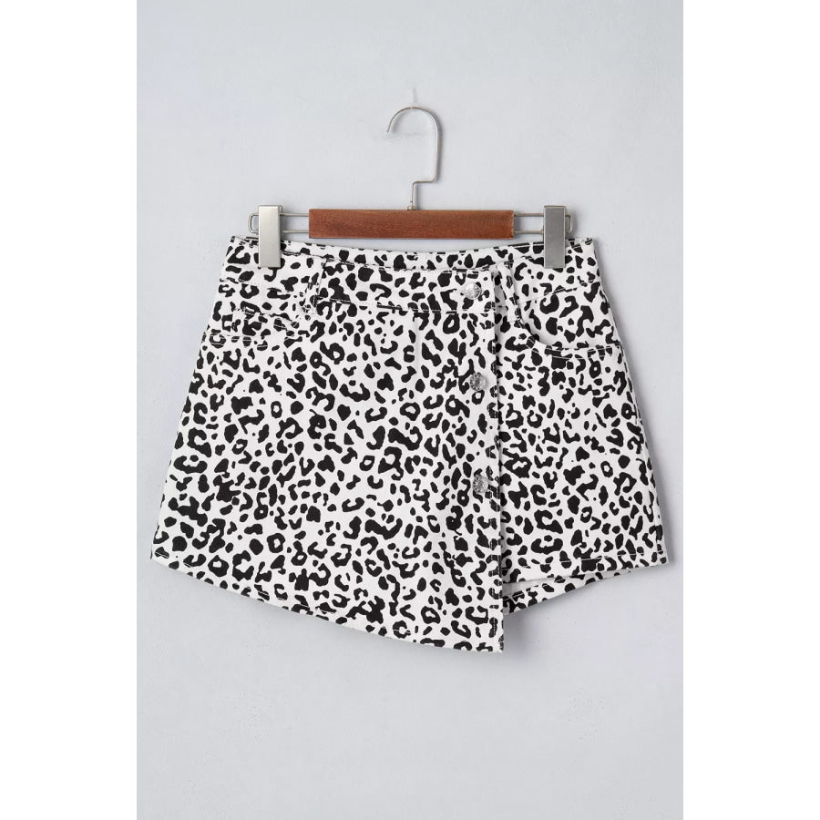 Leopard Print Button Overlap Denim Shorts Apparel and Accessories