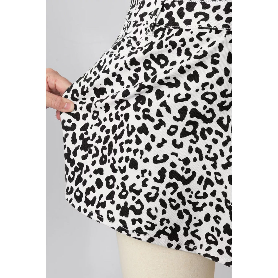 Leopard Print Button Overlap Denim Shorts Apparel and Accessories