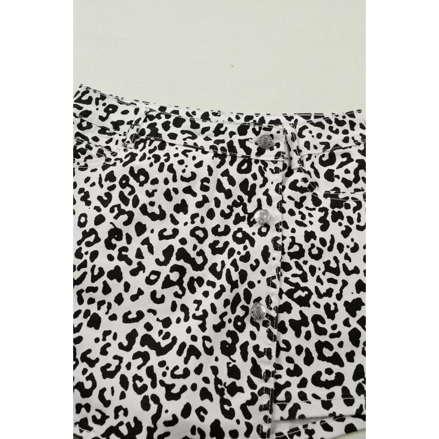 Leopard Print Button Overlap Denim Shorts Apparel and Accessories