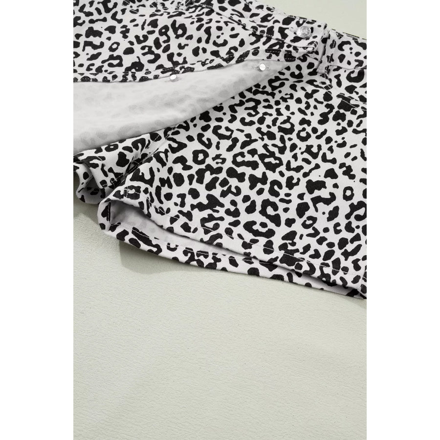 Leopard Print Button Overlap Denim Shorts Apparel and Accessories