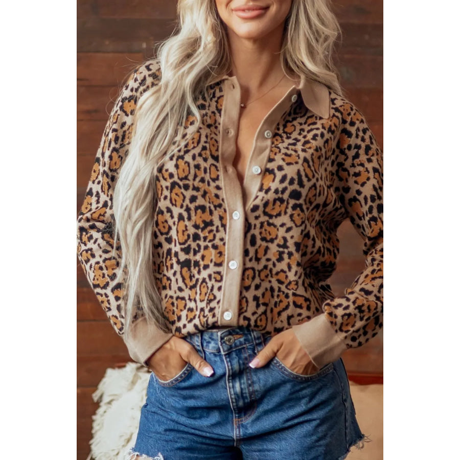Leopard Print Button-Up Cardigan Long Sleeve Cardigans Apparel and Accessories