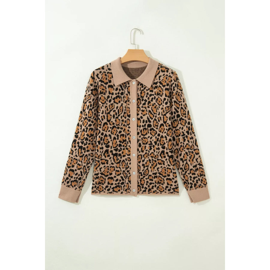 Leopard Print Button-Up Cardigan Long Sleeve Cardigans Apparel and Accessories