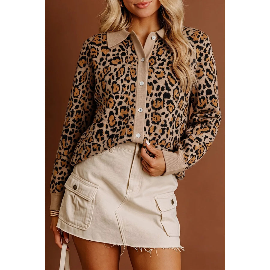 Leopard Print Button-Up Cardigan Long Sleeve Cardigans Leopard / S Apparel and Accessories