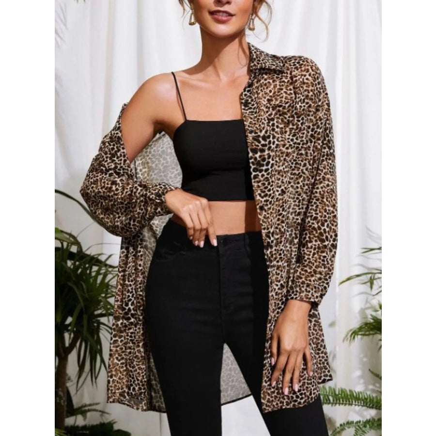 Leopard Print Button-Up Long Sleeve Oversized Shirt Apparel and Accessories