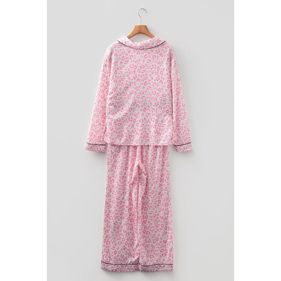 Leopard Print Button Up Top and Pants 2cps Pajama Set Apparel and Accessories