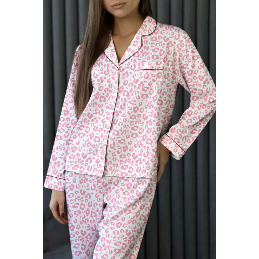 Leopard Print Button Up Top and Pants 2cps Pajama Set Dusty Pink / XL Apparel and Accessories