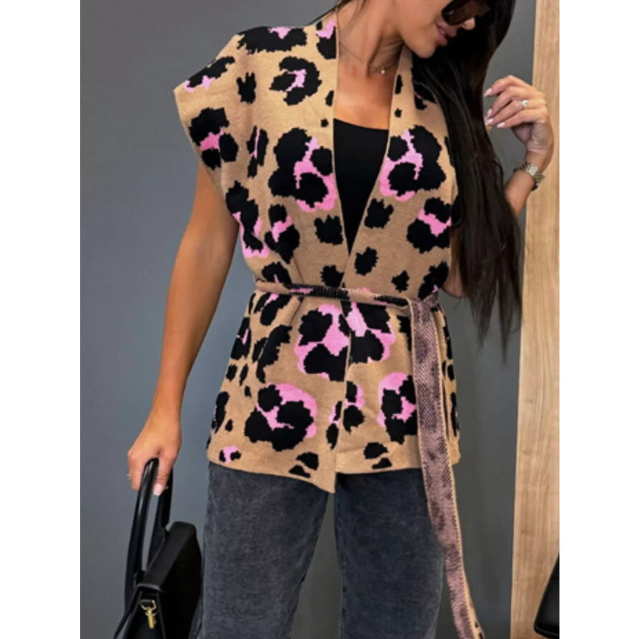 Leopard Print Cap Sleeve Cardigan Khaki / S Apparel and Accessories