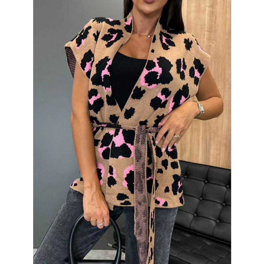 Leopard Print Cap Sleeve Cardigan Khaki / S Apparel and Accessories
