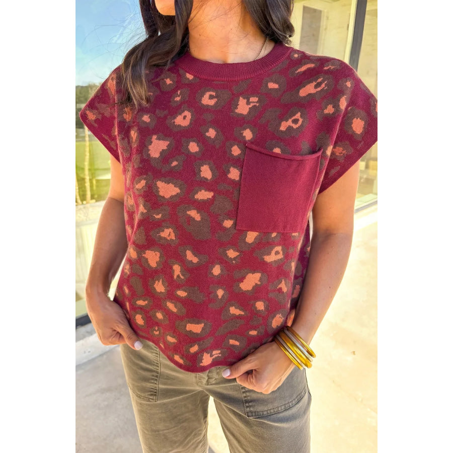 Leopard Print Cap Sleeve Knit Top Deep Red / S Apparel and Accessories