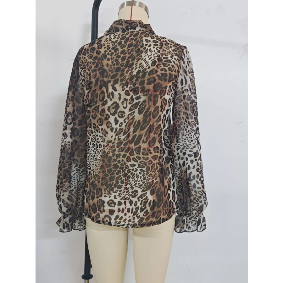 Leopard Print Chiffon Blouse with Tie-Neck and Long Sleeves