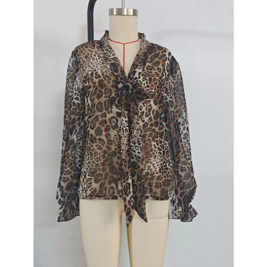 Leopard Print Chiffon Blouse with Tie-Neck and Long Sleeves