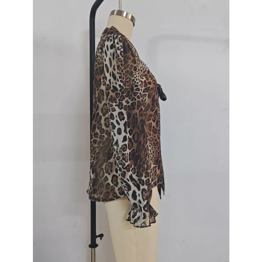 Leopard Print Chiffon Blouse with Tie-Neck and Long Sleeves