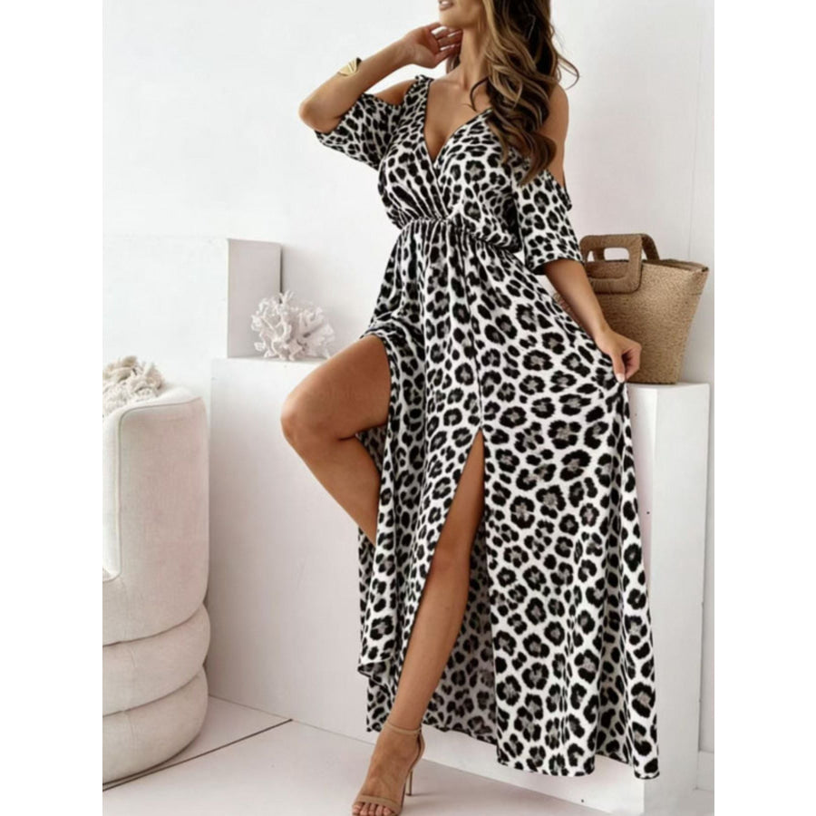 Leopard Print Cold Shoulder Slit Maxi Dress White / S Apparel and Accessories