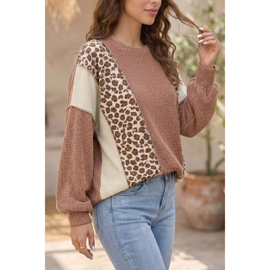 Leopard Print Colorblock Ribbed Knit Blouse Apparel and Accessories