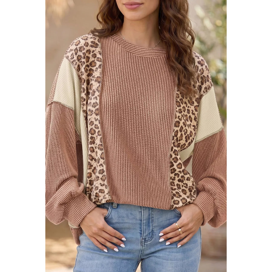 Leopard Print Colorblock Ribbed Knit Blouse Mocha / S Apparel and Accessories