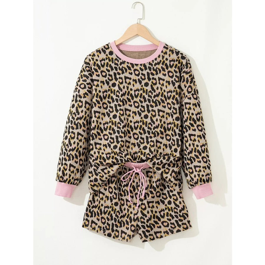 Leopard Print Contrast Edge Long Sleeve Pullover Shorts Set Leopard / S Apparel and Accessories