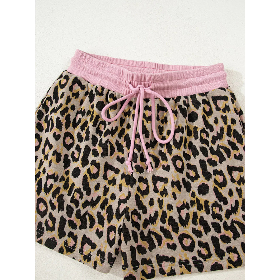 Leopard Print Contrast Edge Long Sleeve Pullover Shorts Set Apparel and Accessories
