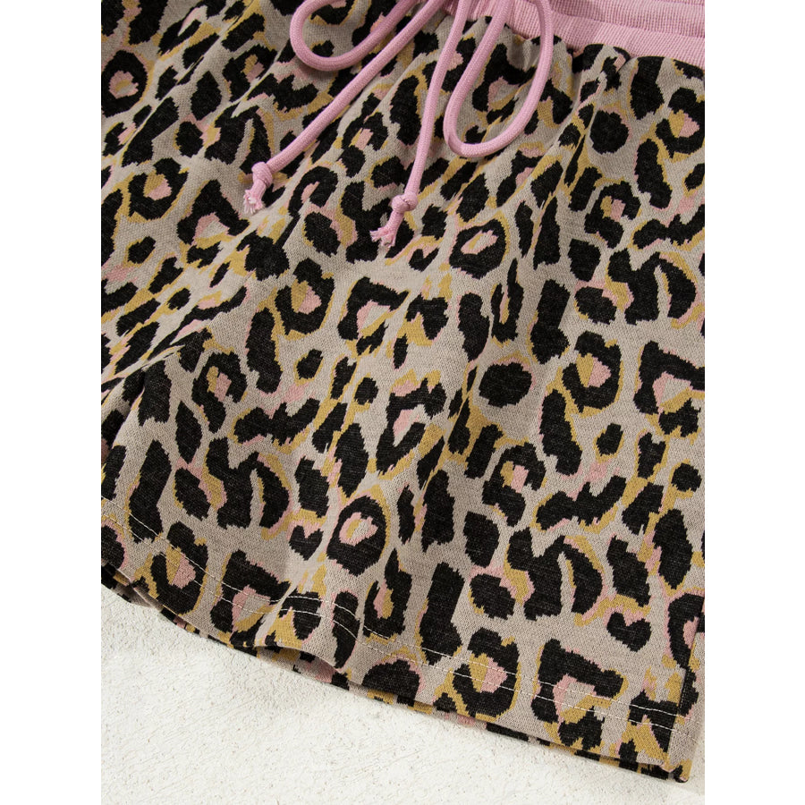 Leopard Print Contrast Edge Long Sleeve Pullover Shorts Set Apparel and Accessories