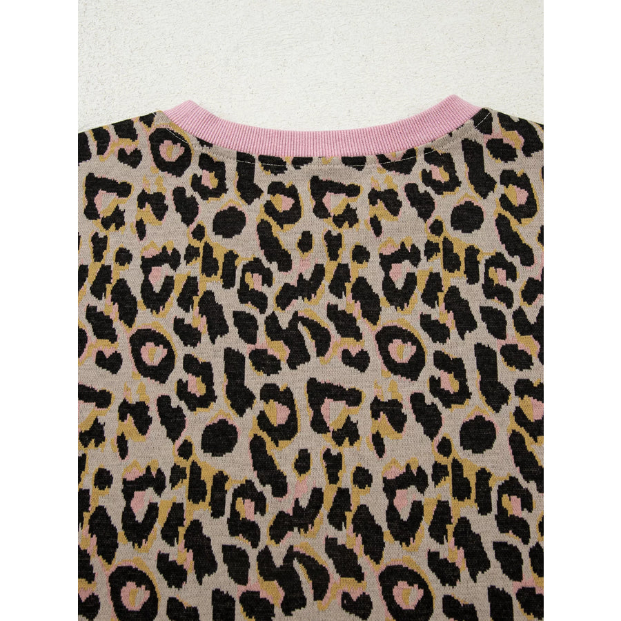 Leopard Print Contrast Edge Long Sleeve Pullover Shorts Set Apparel and Accessories
