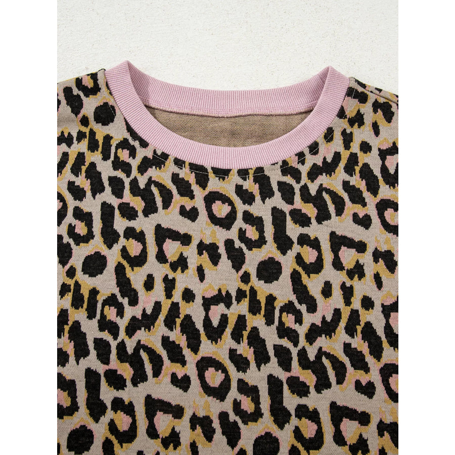 Leopard Print Contrast Edge Long Sleeve Pullover Shorts Set Apparel and Accessories