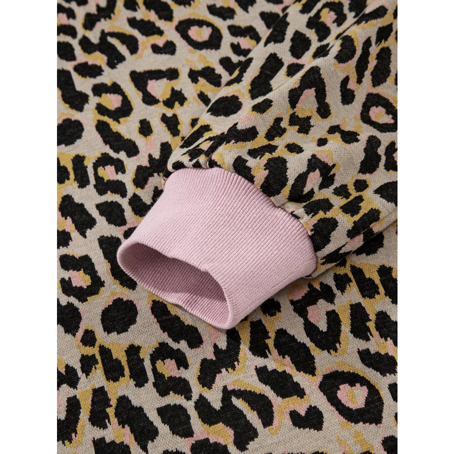 Leopard Print Contrast Edge Long Sleeve Pullover Shorts Set Apparel and Accessories