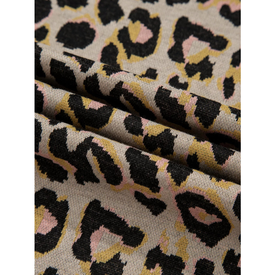 Leopard Print Contrast Edge Long Sleeve Pullover Shorts Set Apparel and Accessories