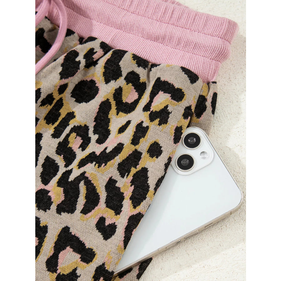 Leopard Print Contrast Edge Long Sleeve Pullover Shorts Set Apparel and Accessories