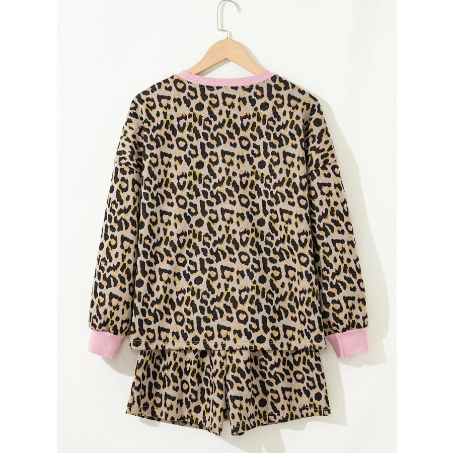 Leopard Print Contrast Edge Long Sleeve Pullover Shorts Set Apparel and Accessories