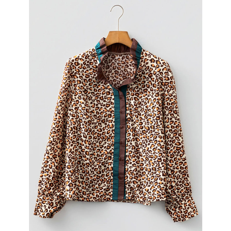 Leopard Print Contrast Frilled Trim Button Down V Neck Shirt Apparel and Accessories