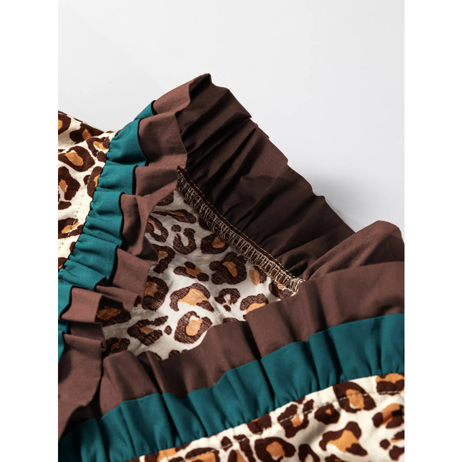 Leopard Print Contrast Frilled Trim Button Down V Neck Shirt Apparel and Accessories