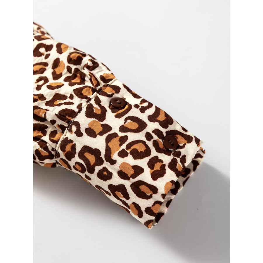 Leopard Print Contrast Frilled Trim Button Down V Neck Shirt Apparel and Accessories