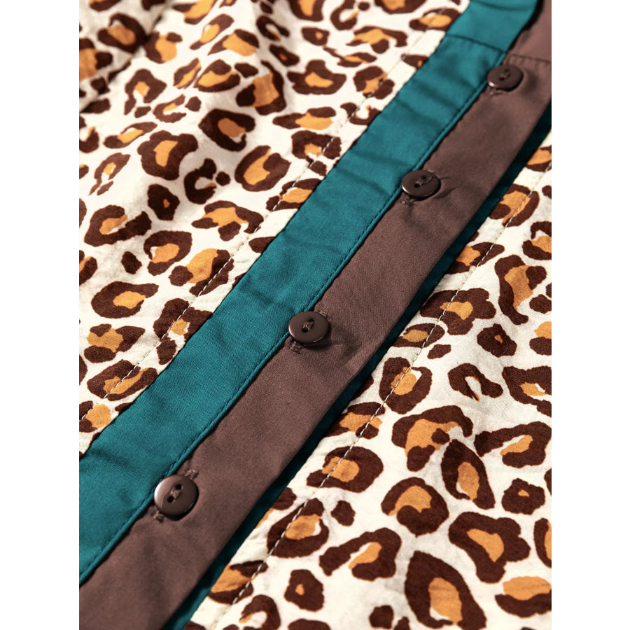 Leopard Print Contrast Frilled Trim Button Down V Neck Shirt Apparel and Accessories