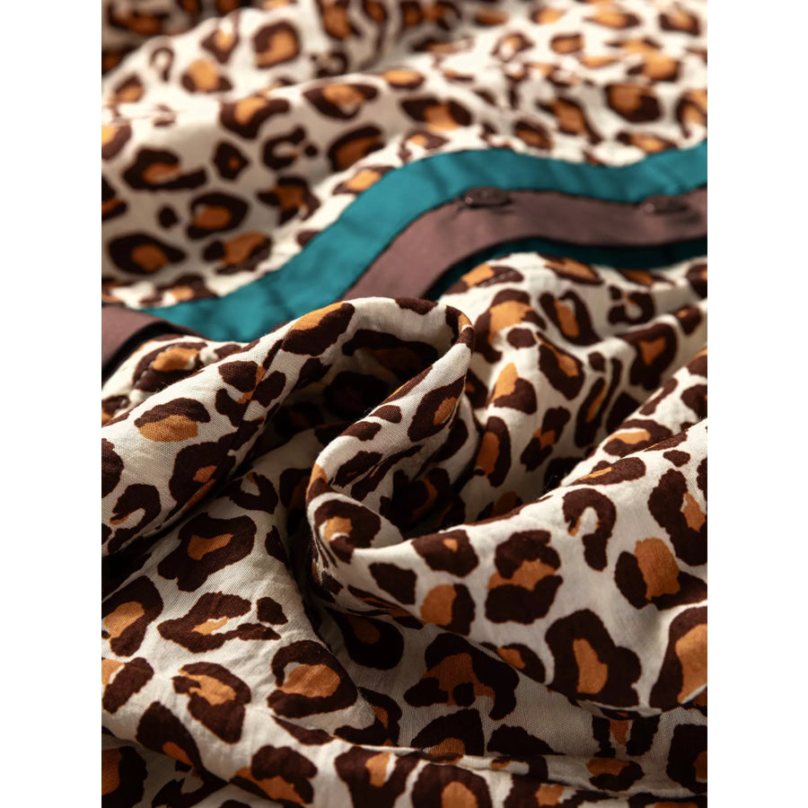 Leopard Print Contrast Frilled Trim Button Down V Neck Shirt Apparel and Accessories