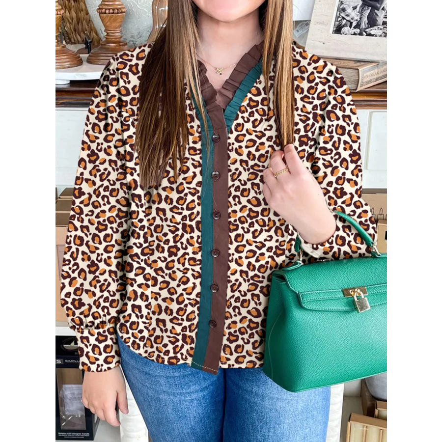 Leopard Print Contrast Frilled Trim Button Down V Neck Shirt Leopard / S Apparel and Accessories