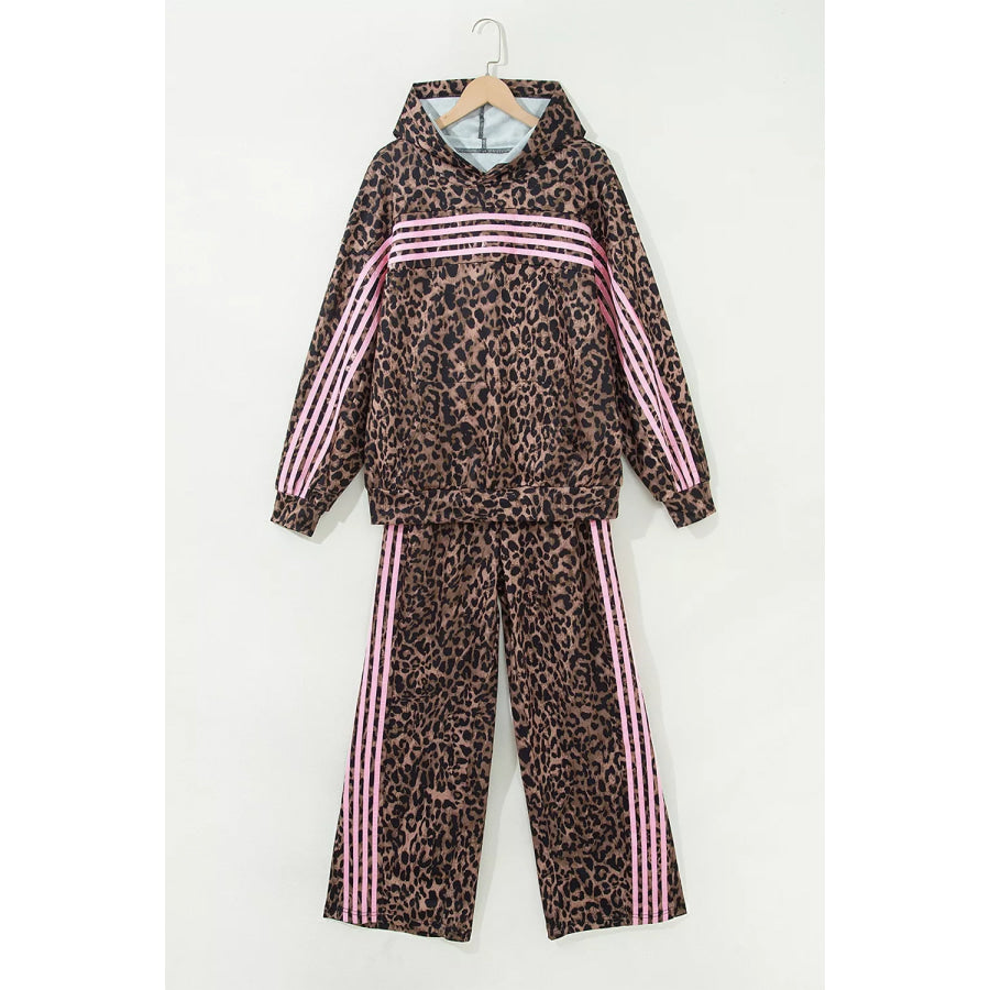 Leopard Print Contrast Striped Detail Long Sleeve Top Pant Set Apparel and Accessories